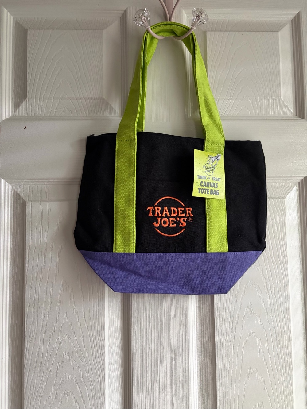Trader Joe’s Black Canvas Tote Bag with Lime Handles and Purple Base